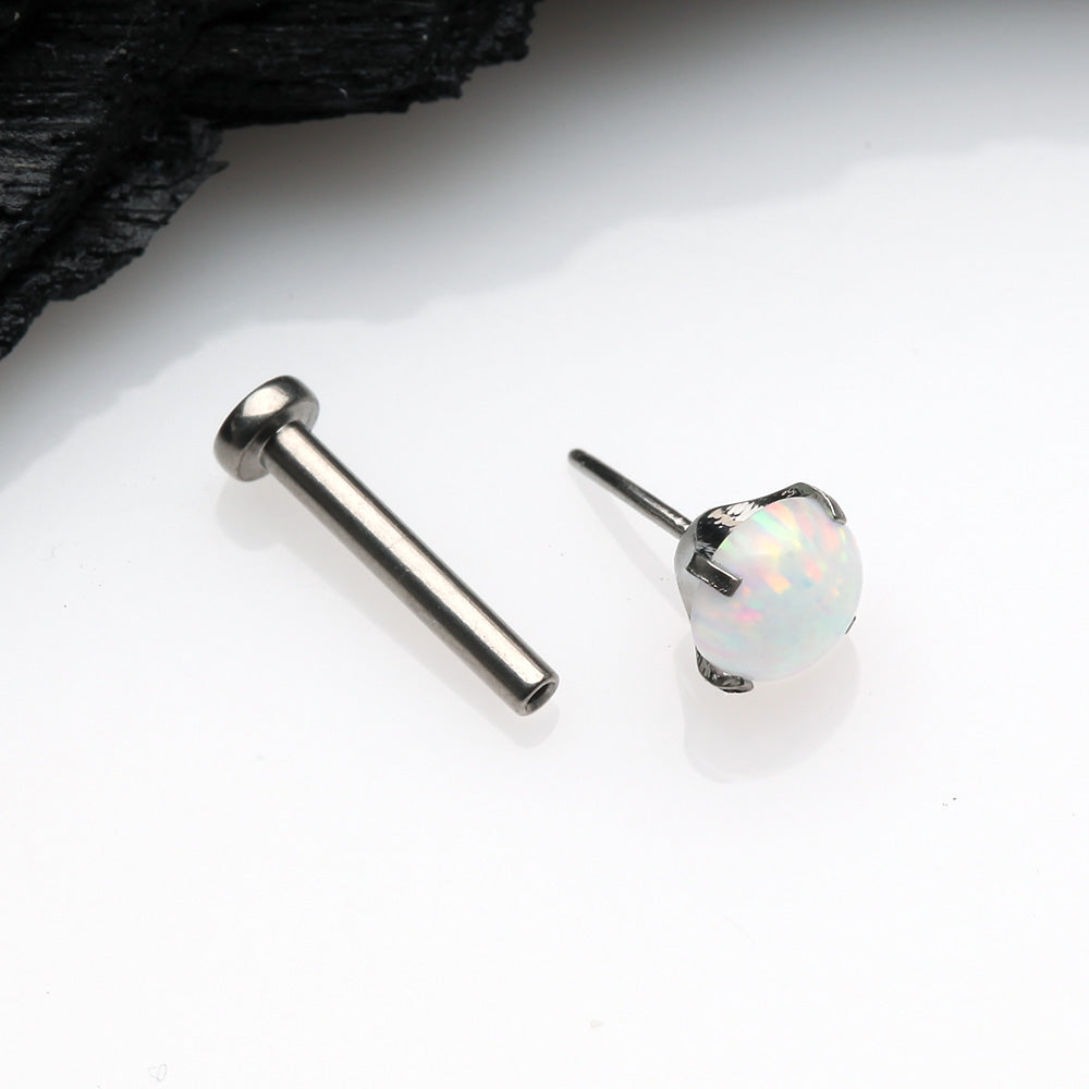 Detail View 2 of Implant Grade Titanium OneFit Threadless Fire Opal Prong Set Top Flat Back Stud Labret-White Opal