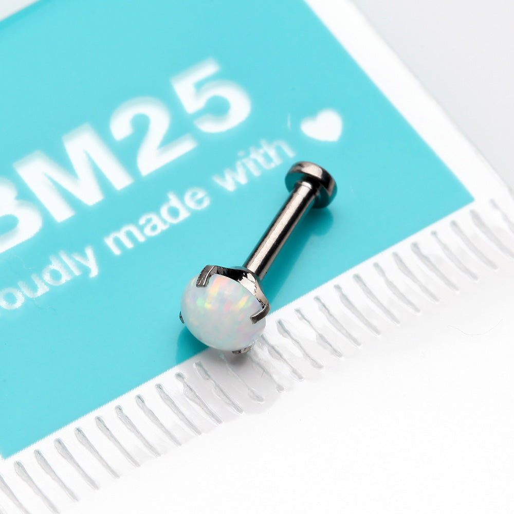 Detail View 3 of Implant Grade Titanium OneFit Threadless Fire Opal Prong Set Top Flat Back Stud Labret-White Opal