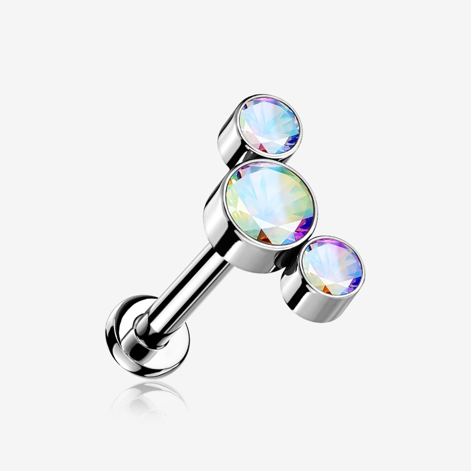 Implant Grade Titanium OneFit Threadless Journey Sparkle Trio Top Flat Back Stud Labret-Aurora Borealis