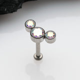Detail View 1 of Implant Grade Titanium OneFit Threadless Journey Sparkle Trio Top Flat Back Stud Labret-Aurora Borealis