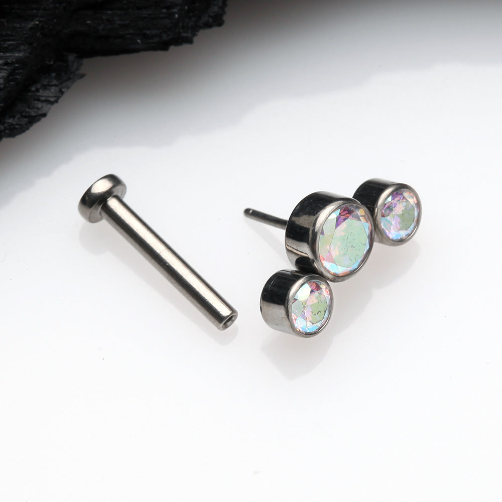 Detail View 2 of Implant Grade Titanium OneFit Threadless Journey Sparkle Trio Top Flat Back Stud Labret-Aurora Borealis