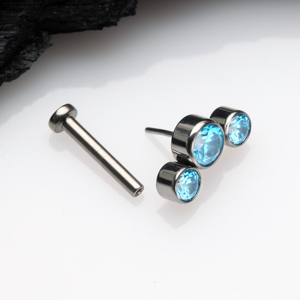 Detail View 2 of Implant Grade Titanium OneFit Threadless Journey Sparkle Trio Top Flat Back Stud Labret-Aqua