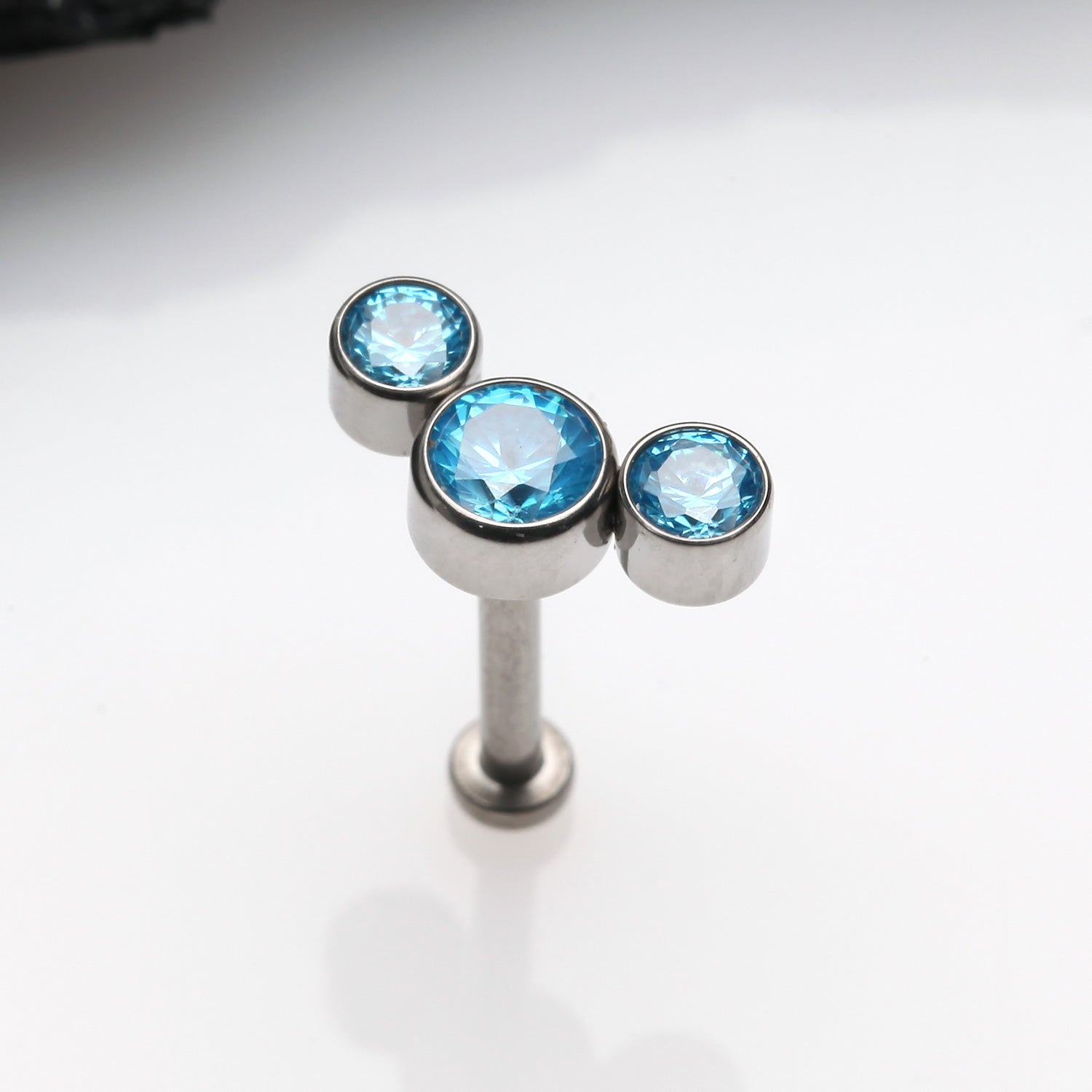 Detail View 1 of Implant Grade Titanium OneFit Threadless Journey Sparkle Trio Top Flat Back Stud Labret-Aqua