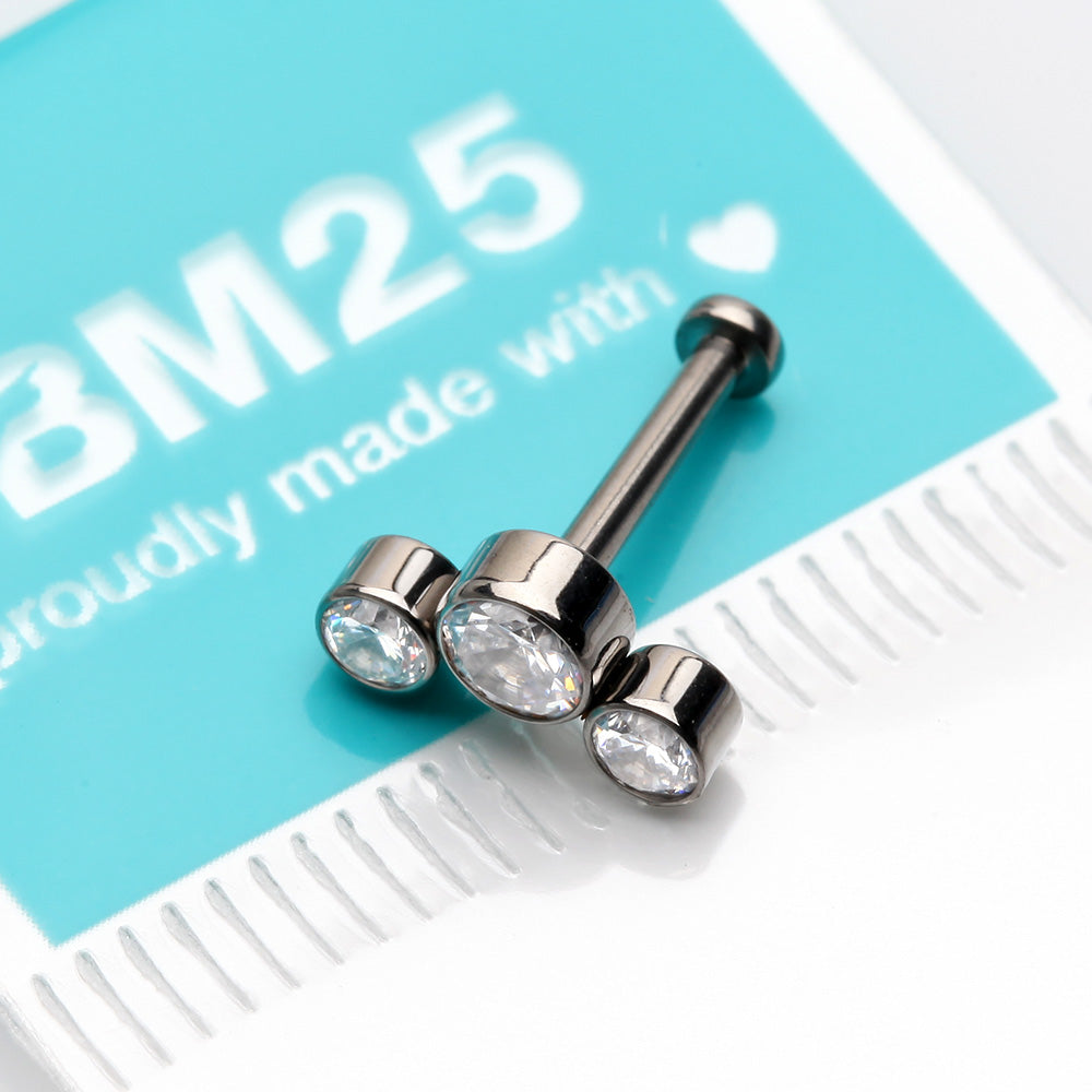 Detail View 3 of Implant Grade Titanium OneFit Threadless Journey Sparkle Trio Top Flat Back Stud Labret-Clear Gem