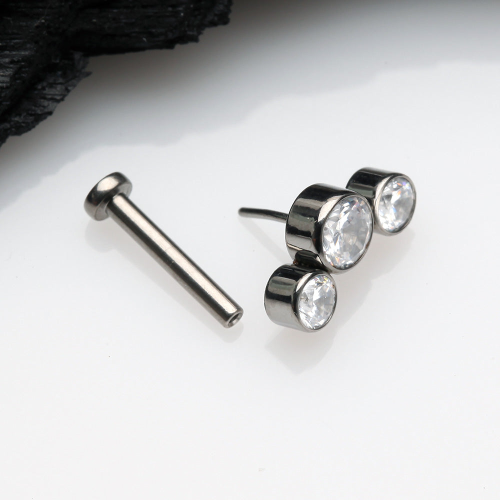 Detail View 2 of Implant Grade Titanium OneFit Threadless Journey Sparkle Trio Top Flat Back Stud Labret-Clear Gem