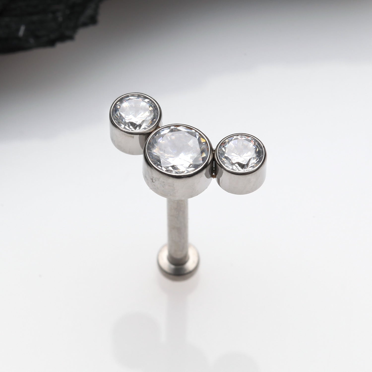 Detail View 1 of Implant Grade Titanium OneFit Threadless Journey Sparkle Trio Top Flat Back Stud Labret-Clear Gem