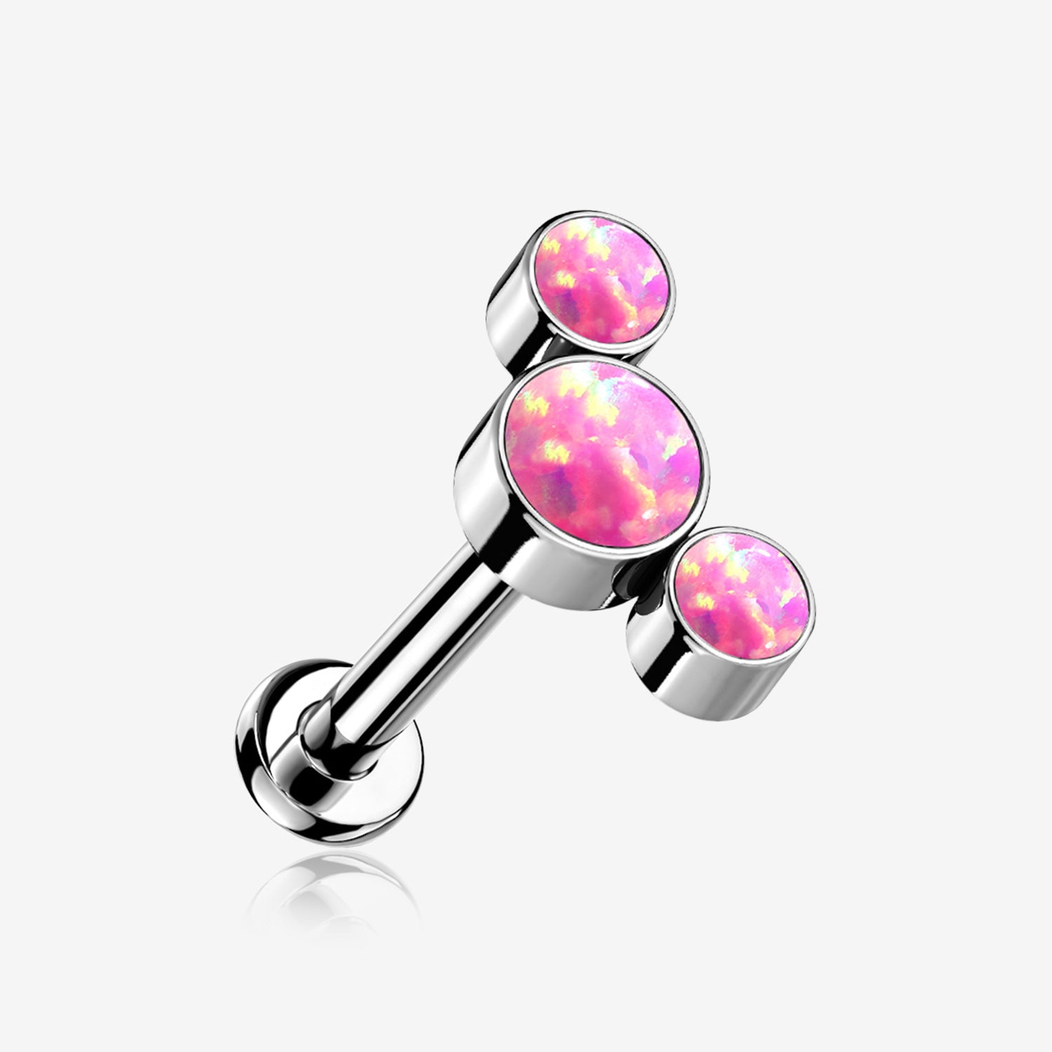 Implant Grade Titanium OneFit Threadless Journey Fire Opal Trio Top Flat Back Stud Labret-Pink Opal