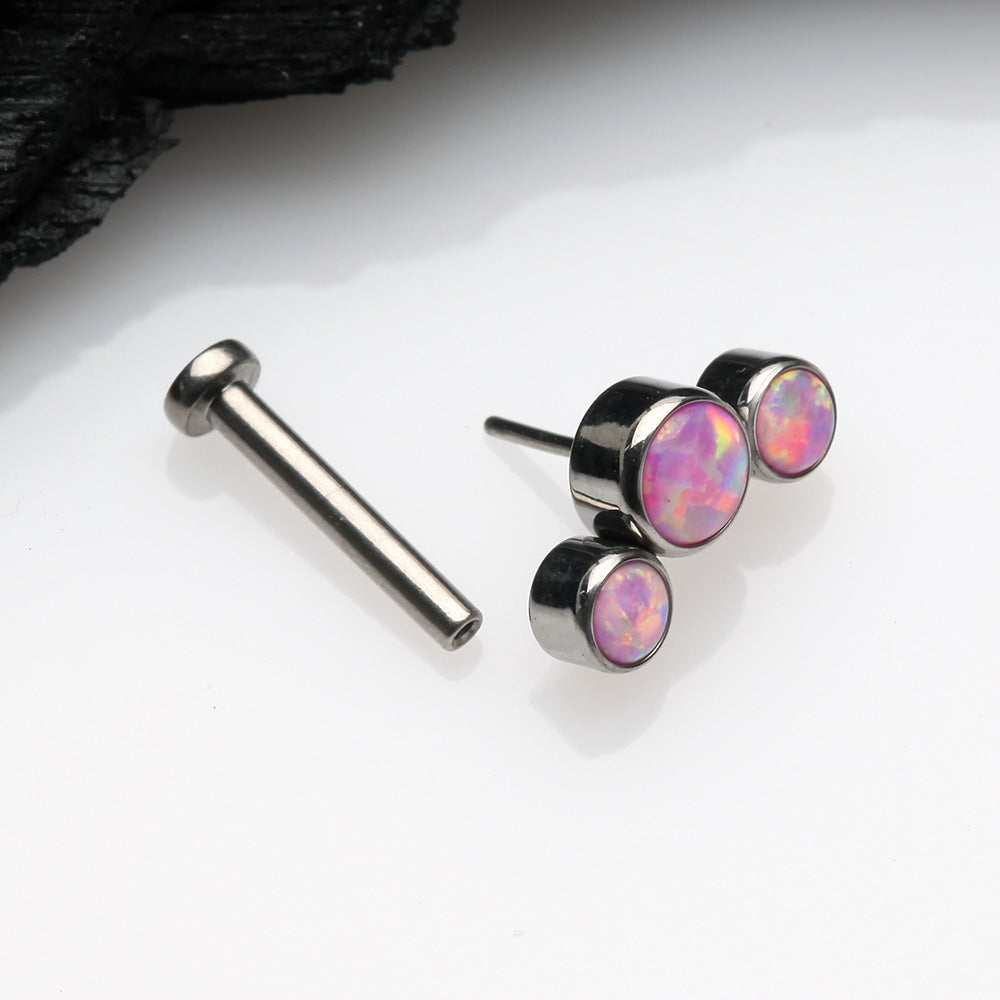 Detail View 2 of Implant Grade Titanium OneFit Threadless Journey Fire Opal Trio Top Flat Back Stud Labret-Pink Opal