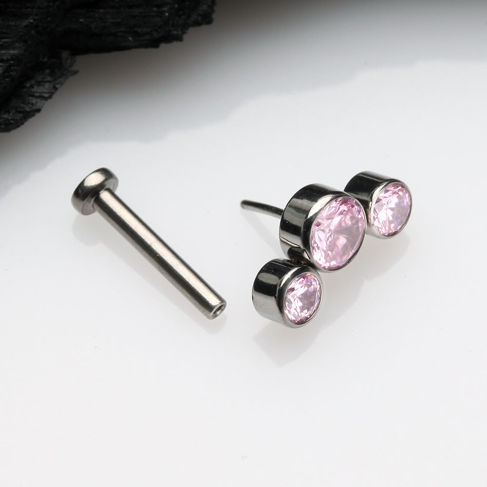 Detail View 2 of Implant Grade Titanium OneFit Threadless Journey Sparkle Trio Top Flat Back Stud Labret-Pink