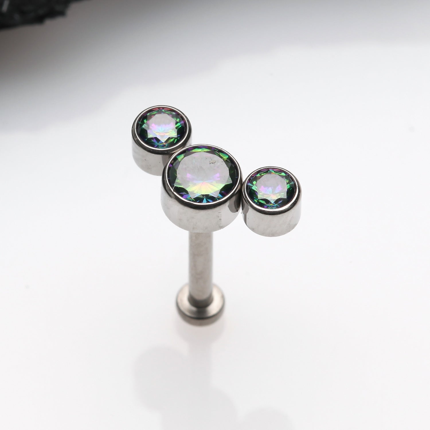 Detail View 1 of Implant Grade Titanium OneFit Threadless Journey Sparkle Trio Top Flat Back Stud Labret-Vitrail Medium