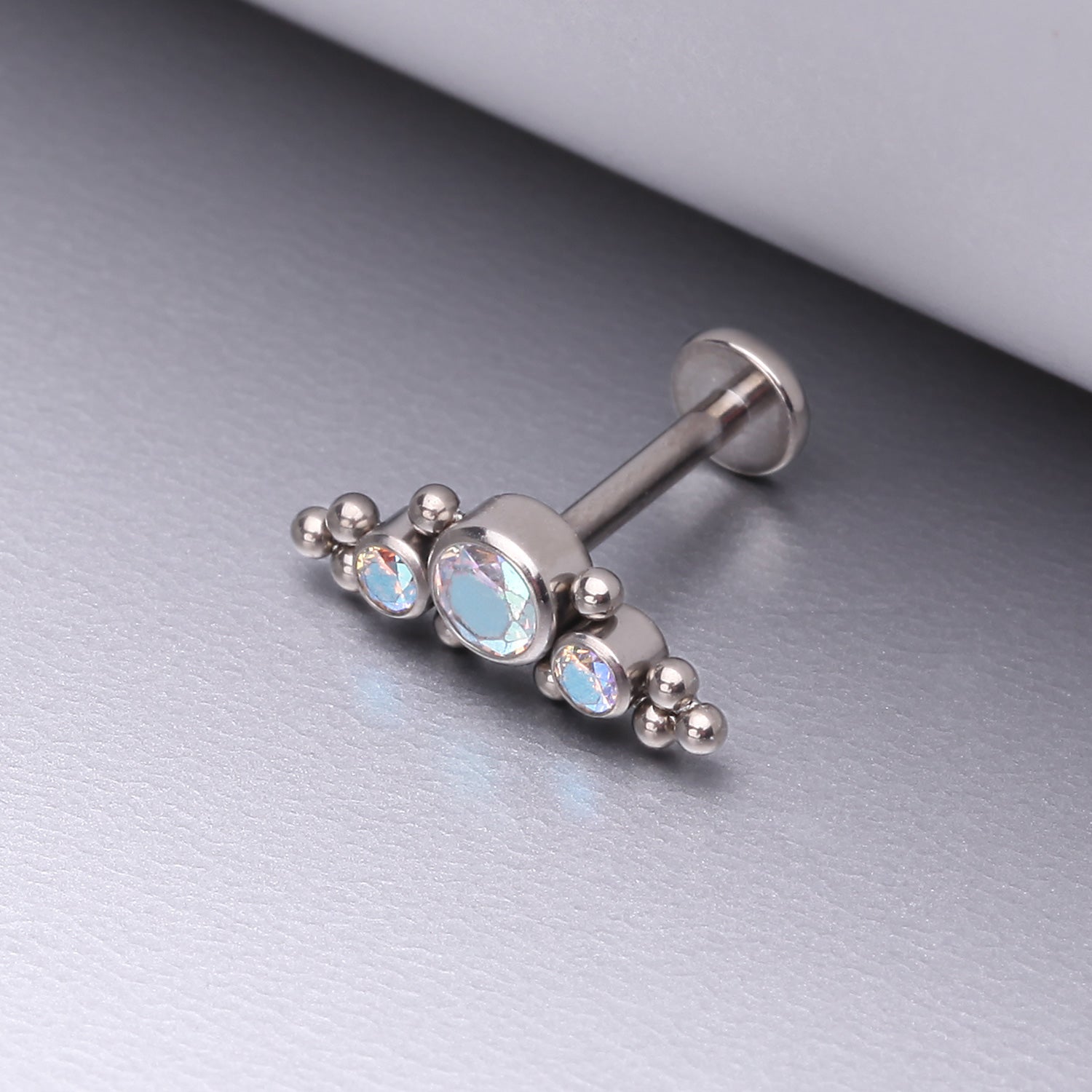 Detail View 1 of Implant Grade Titanium OneFit Threadless Sparkle Arc Bali Beads Flat Back Stud Labret-Aurora Borealis