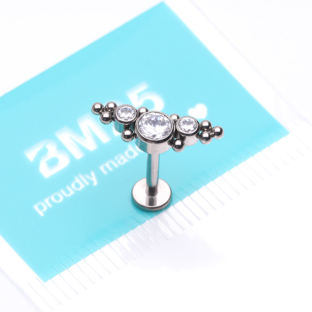 Detail View 3 of Implant Grade Titanium OneFit Threadless Sparkle Arc Bali Beads Flat Back Stud Labret-Clear Gem