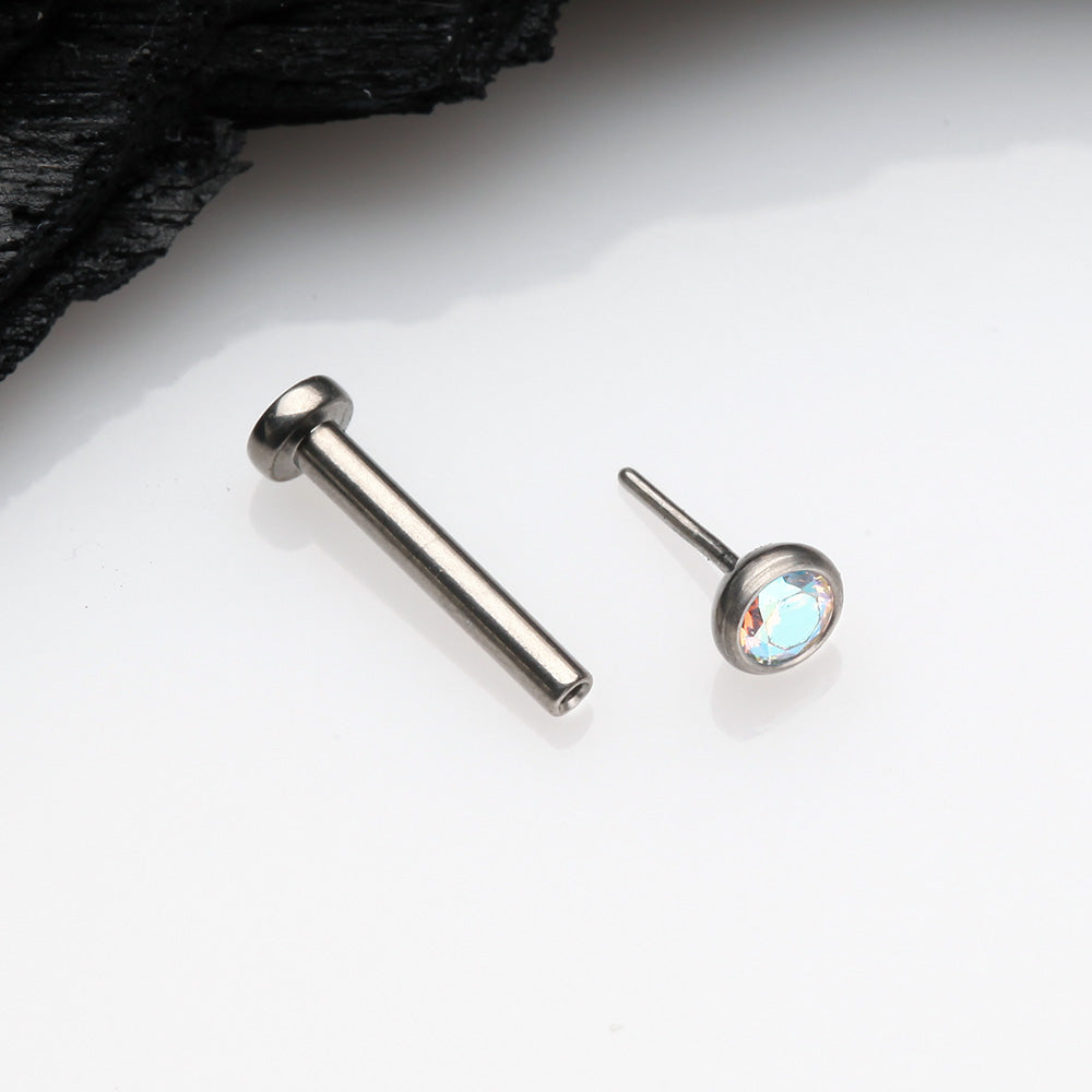 Detail View 2 of Implant Grade Titanium OneFit Threadless Gem Bezel Set Top Flat Back Stud Labret-Aurora Borealis
