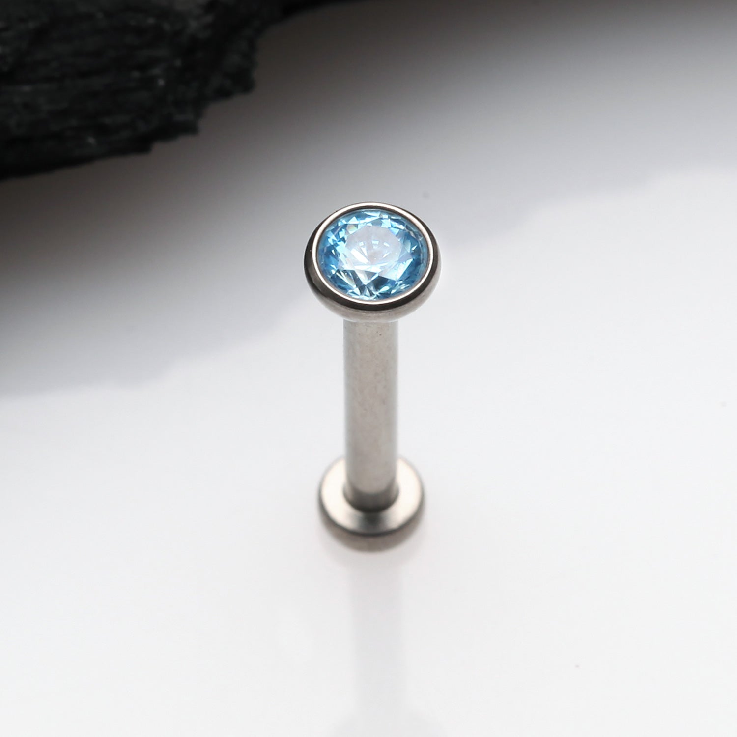 Detail View 1 of Implant Grade Titanium OneFit Threadless Gem Bezel Set Top Flat Back Stud Labret-Aqua