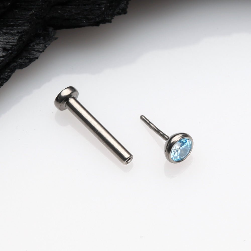 Detail View 2 of Implant Grade Titanium OneFit Threadless Gem Bezel Set Top Flat Back Stud Labret-Aqua