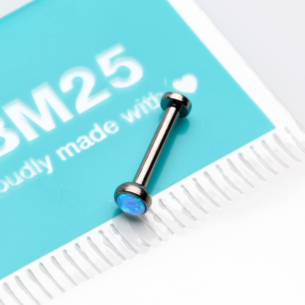 Detail View 3 of Implant Grade Titanium OneFit Threadless Fire Opal Bezel Set Top Flat Back Stud Labret-Blue Opal