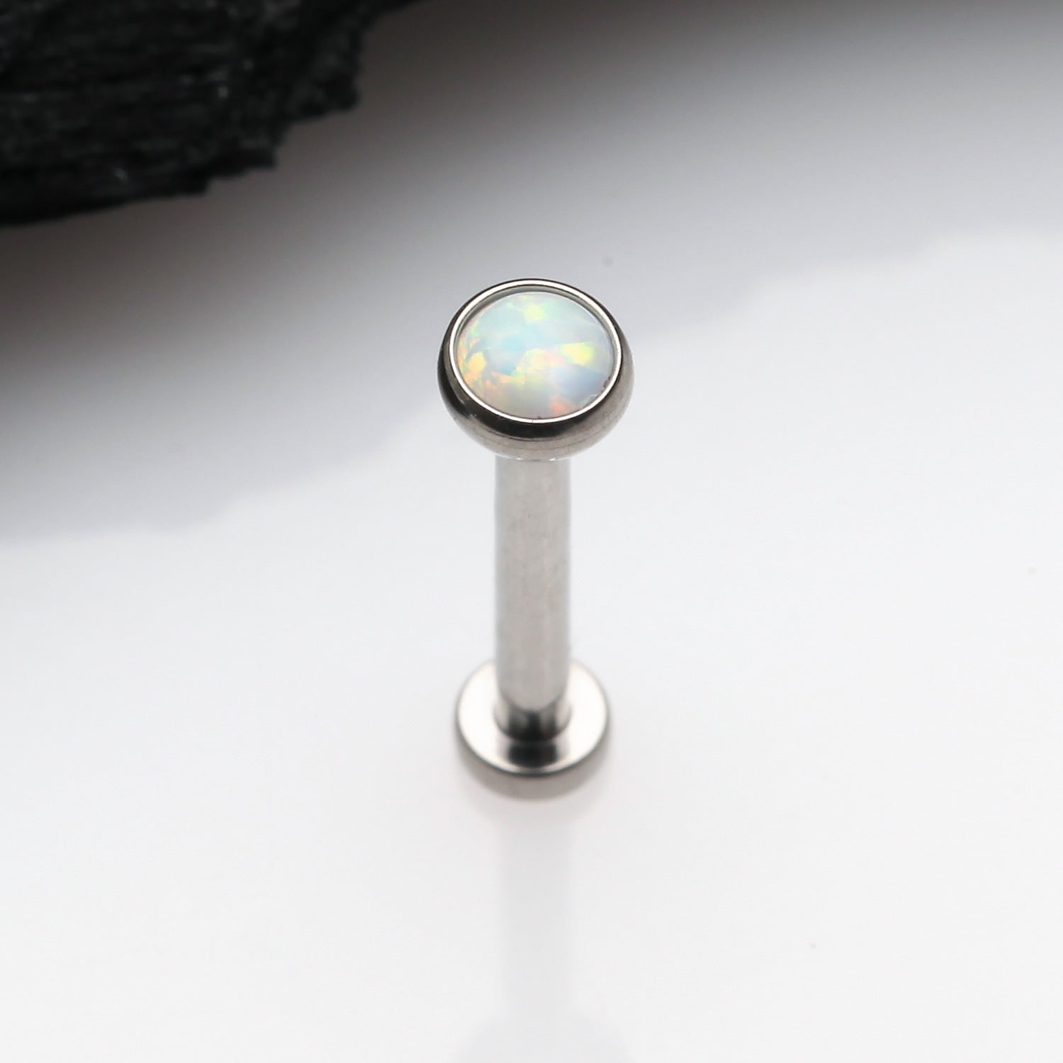Detail View 1 of Implant Grade Titanium OneFit Threadless Fire Opal Bezel Set Top Flat Back Stud Labret-White Opal