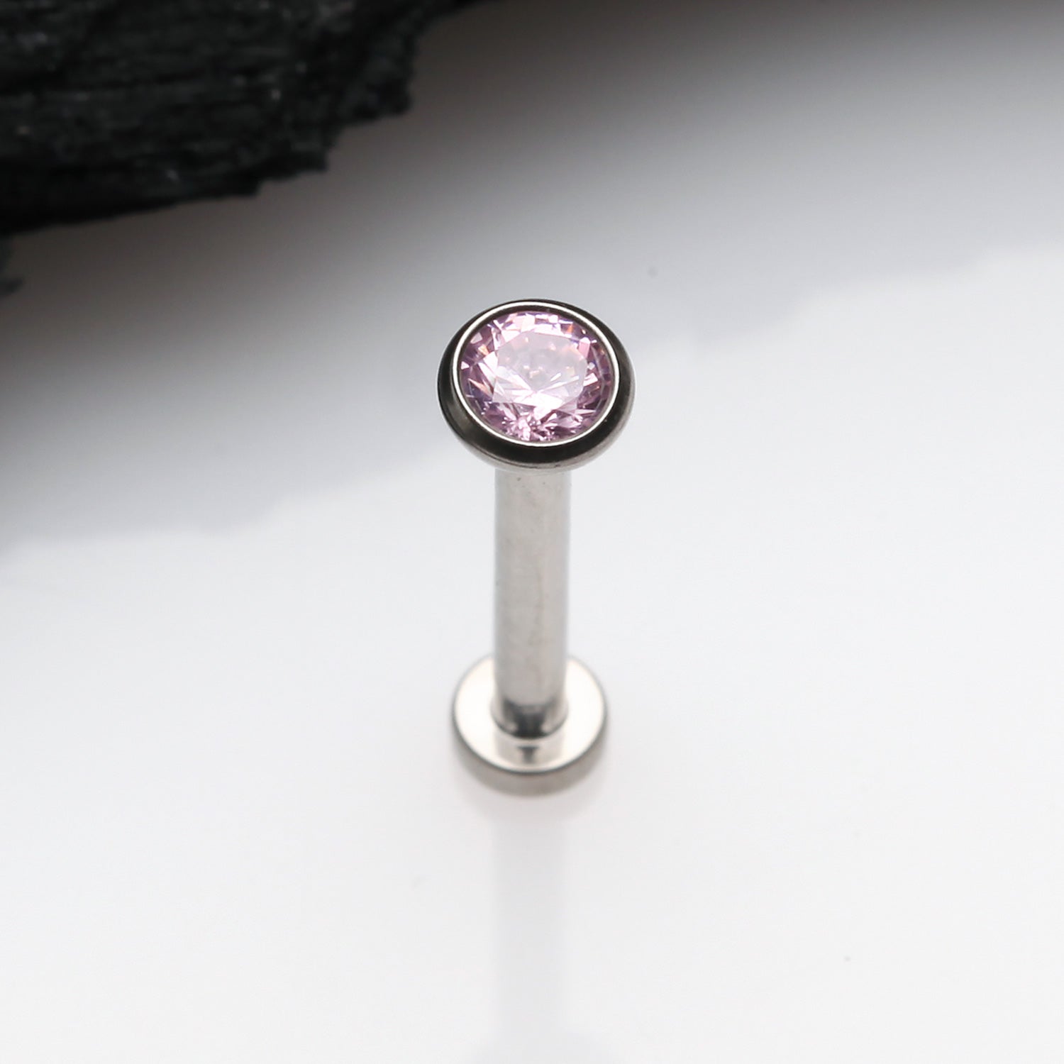 Detail View 1 of Implant Grade Titanium OneFit Threadless Gem Bezel Set Top Flat Back Stud Labret-Pink