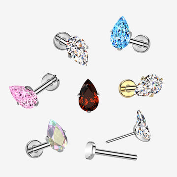 Detail View 1 of Implant Grade Titanium OneFit Threadless Teardrop Gem Sparkle Top Flat Back Labret-Red