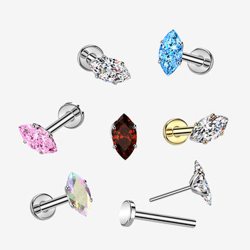 Detail View 1 of Implant Grade Titanium OneFit Threadless Marquise Gem Sparkle Top Flat Back Labret-Aurora Borealis