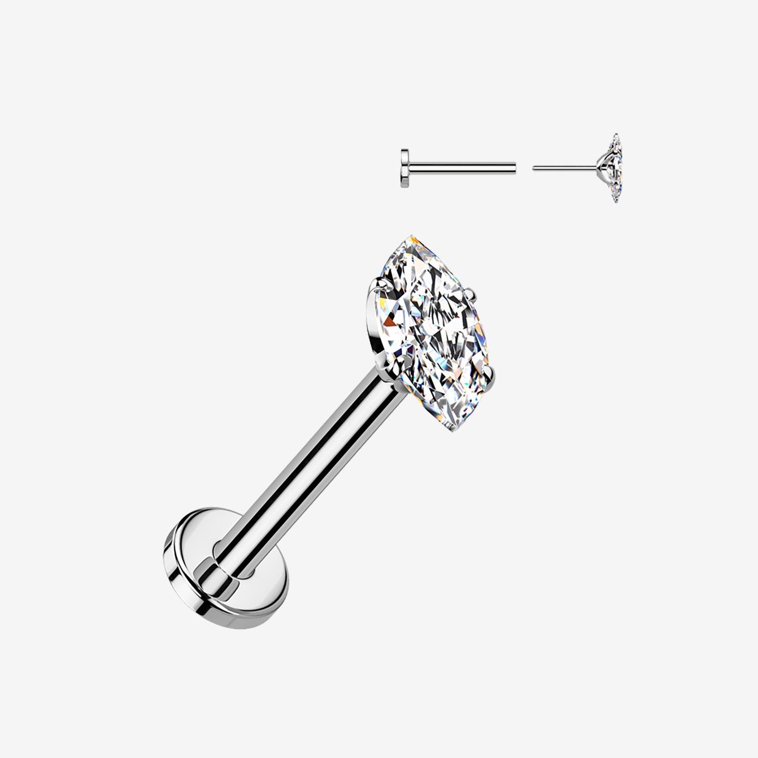 Implant Grade Titanium OneFit Threadless Marquise Gem Sparkle Top Flat Back Labret-Clear Gem