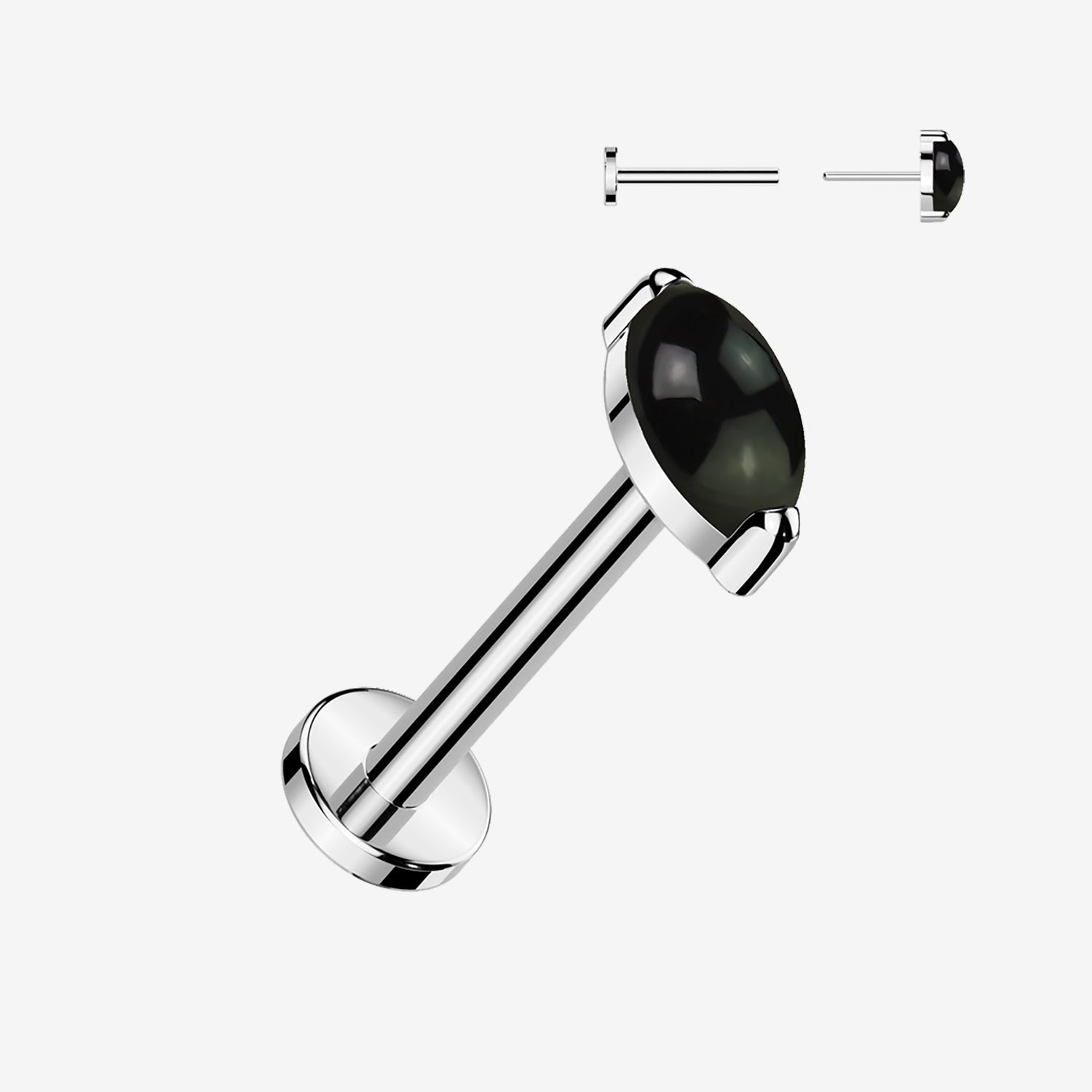 Implant Grade Titanium OneFit Threadless Marquise Black Onyx Stone Top Flat Back Labret