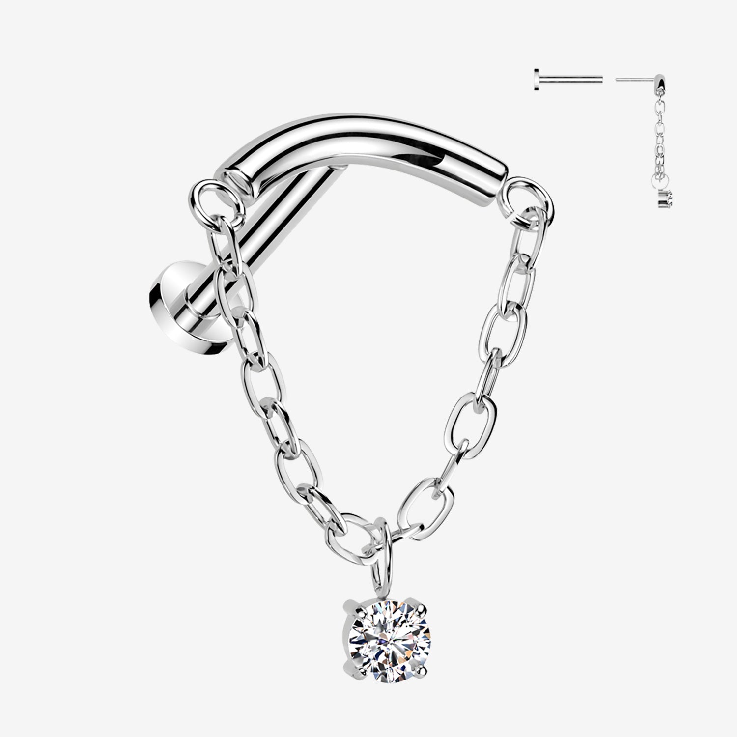 Implant Grade Titanium OneFit Threadless Chained Curved Bar Sparkle Top Flat Back Labret-Clear Gem