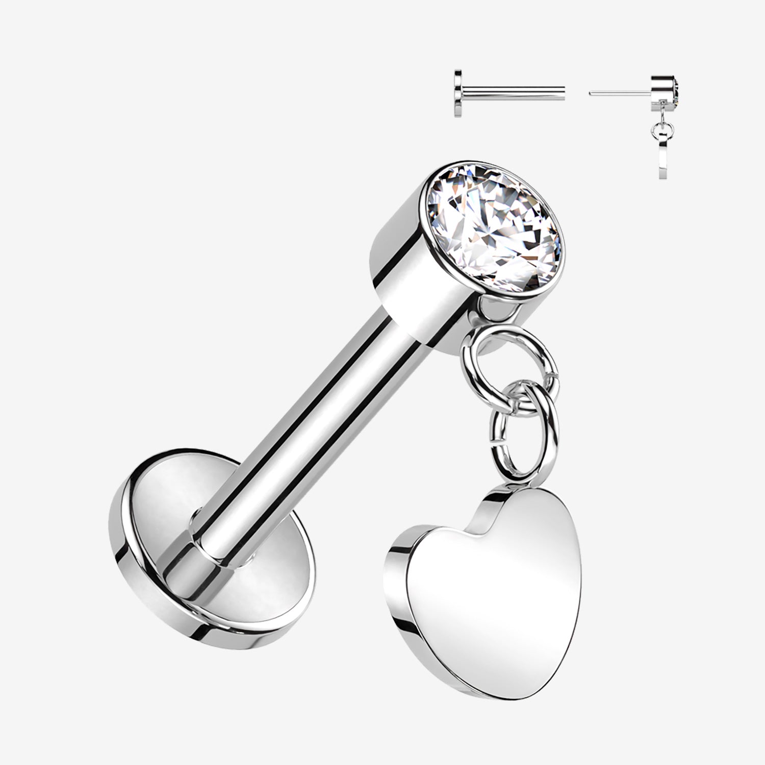 Implant Grade Titanium OneFit Threadless Sparkle Dangle Heart Top Flat Back Labret-Clear Gem
