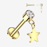 Implant Grade Titanium OneFit Threadless Golden Sparkle Dangle Star Top Flat Back Labret