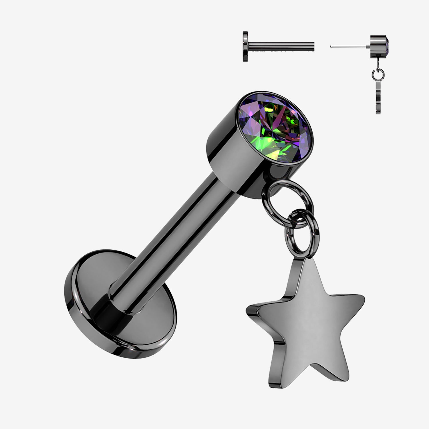 Implant Grade Titanium OneFit Threadless Blackline Sparkle Dangle Star Top Flat Back Labret-Vitrail Medium