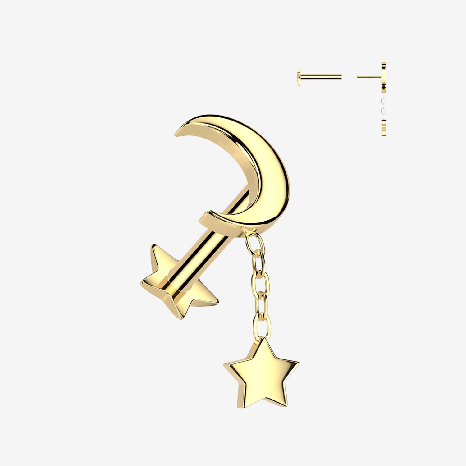 Implant Grade Titanium OneFit Threadless Golden Crescent Moon Dangle Star Back Labret