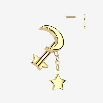 Implant Grade Titanium OneFit Threadless Golden Crescent Moon Dangle Star Back Labret