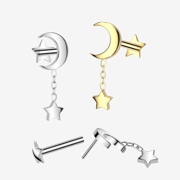 Detail View 1 of Implant Grade Titanium OneFit Threadless Golden Crescent Moon Dangle Star Back Labret