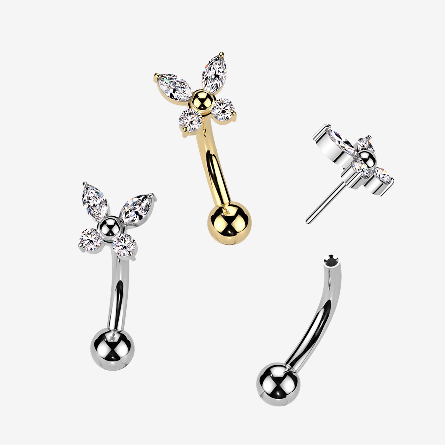 Detail View 1 of Implant Grade Titanium OneFit Threadless Golden Butterfly Sparkle Top Curved Barbell-Clear Gem