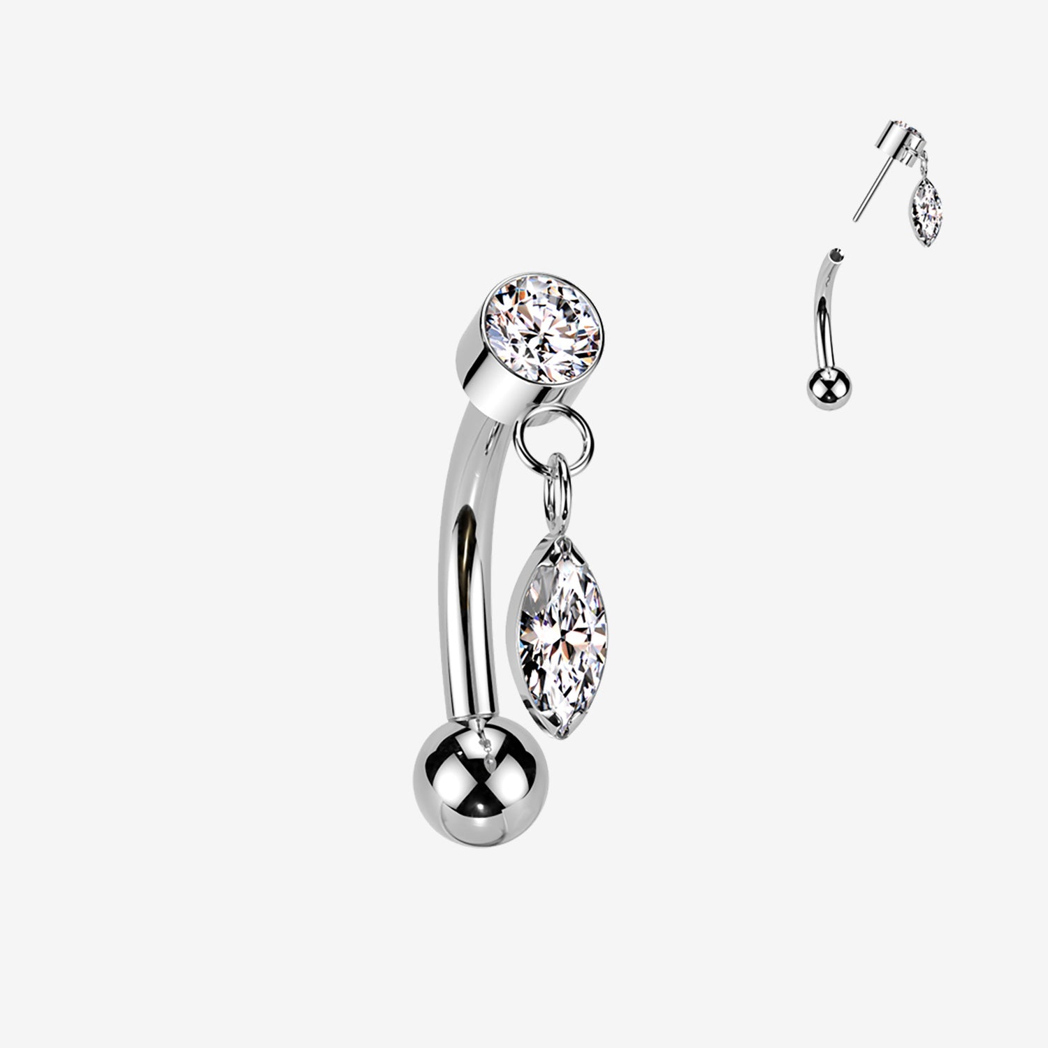 Implant Grade Titanium OneFit Threadless Gem Sparkle Marquise Dangle Top Curved Barbell-Clear Gem