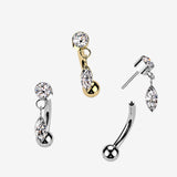Detail View 1 of Implant Grade Titanium OneFit Threadless Gem Sparkle Marquise Dangle Top Curved Barbell-Clear Gem