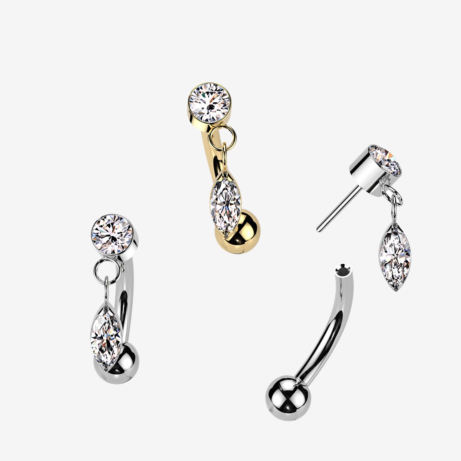 Detail View 1 of Implant Grade Titanium OneFit Threadless Golden Gem Sparkle Marquise Dangle Top Curved Barbell-Clear Gem
