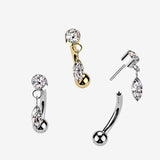 Detail View 1 of Implant Grade Titanium OneFit Threadless Golden Gem Sparkle Marquise Dangle Top Curved Barbell-Clear Gem