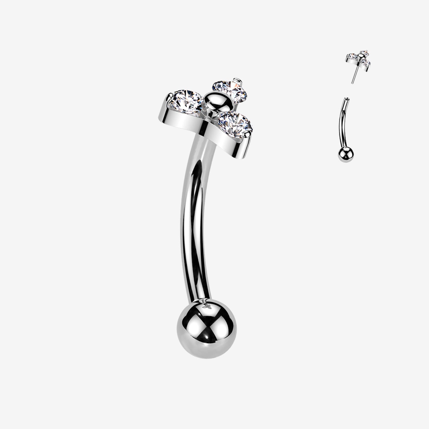 Implant Grade Titanium OneFit Threadless Trinity Sparkle Top Curved Barbell-Clear Gem