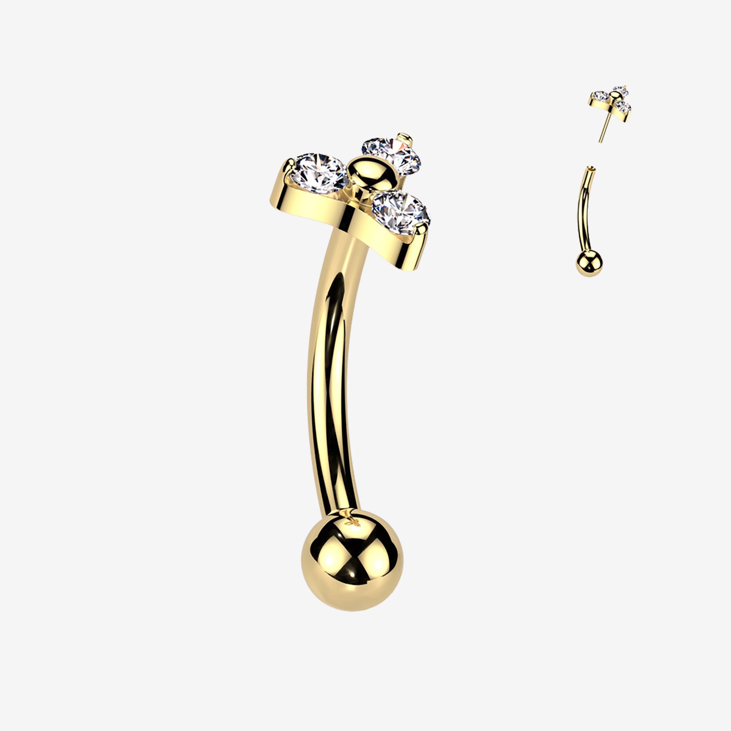 Implant Grade Titanium OneFit Threadless Golden Trinity Sparkle Top Curved Barbell-Clear Gem