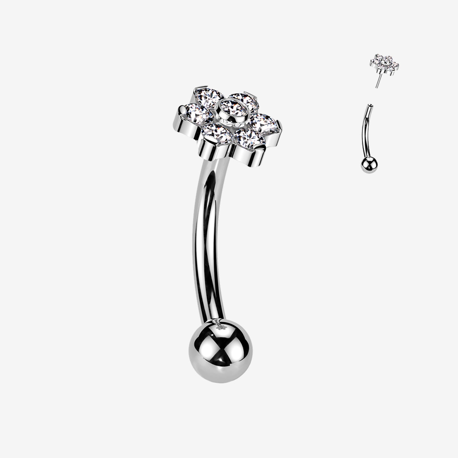Implant Grade Titanium OneFit Threadless Brilliant Flower Sparkle Top Curved Barbell-Clear Gem