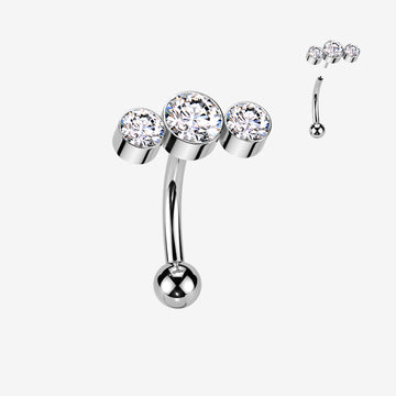 Implant Grade Titanium OneFit Threadless Bubble Trio Sparkle Top Curved Barbell-Clear Gem