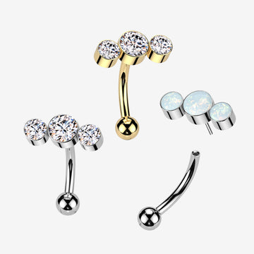 Detail View 1 of Implant Grade Titanium OneFit Threadless Bubble Trio Sparkle Top Curved Barbell-Clear Gem