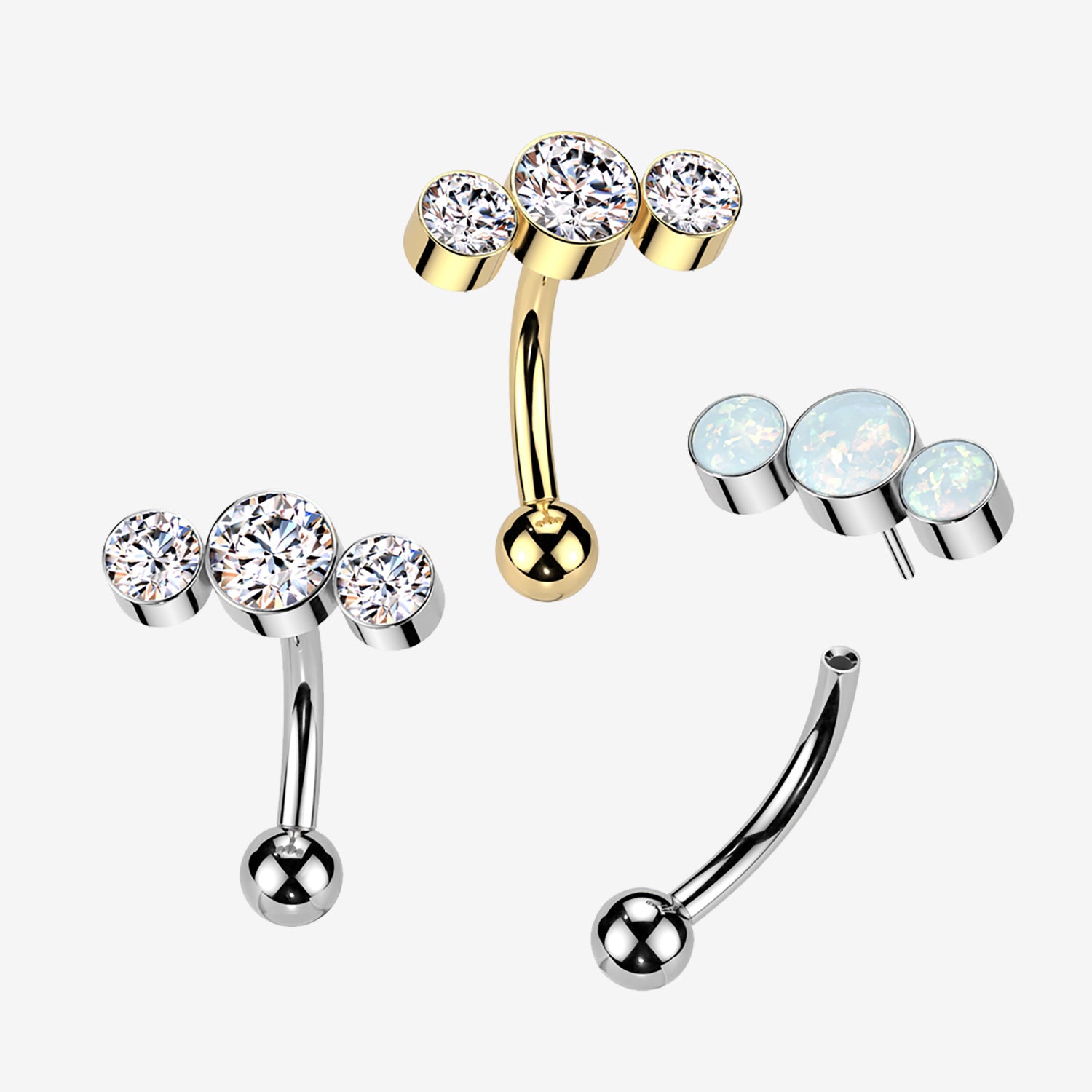 Detail View 1 of Implant Grade Titanium OneFit Threadless Bubble Trio Fire Opal Top Curved Barbell-White Opal