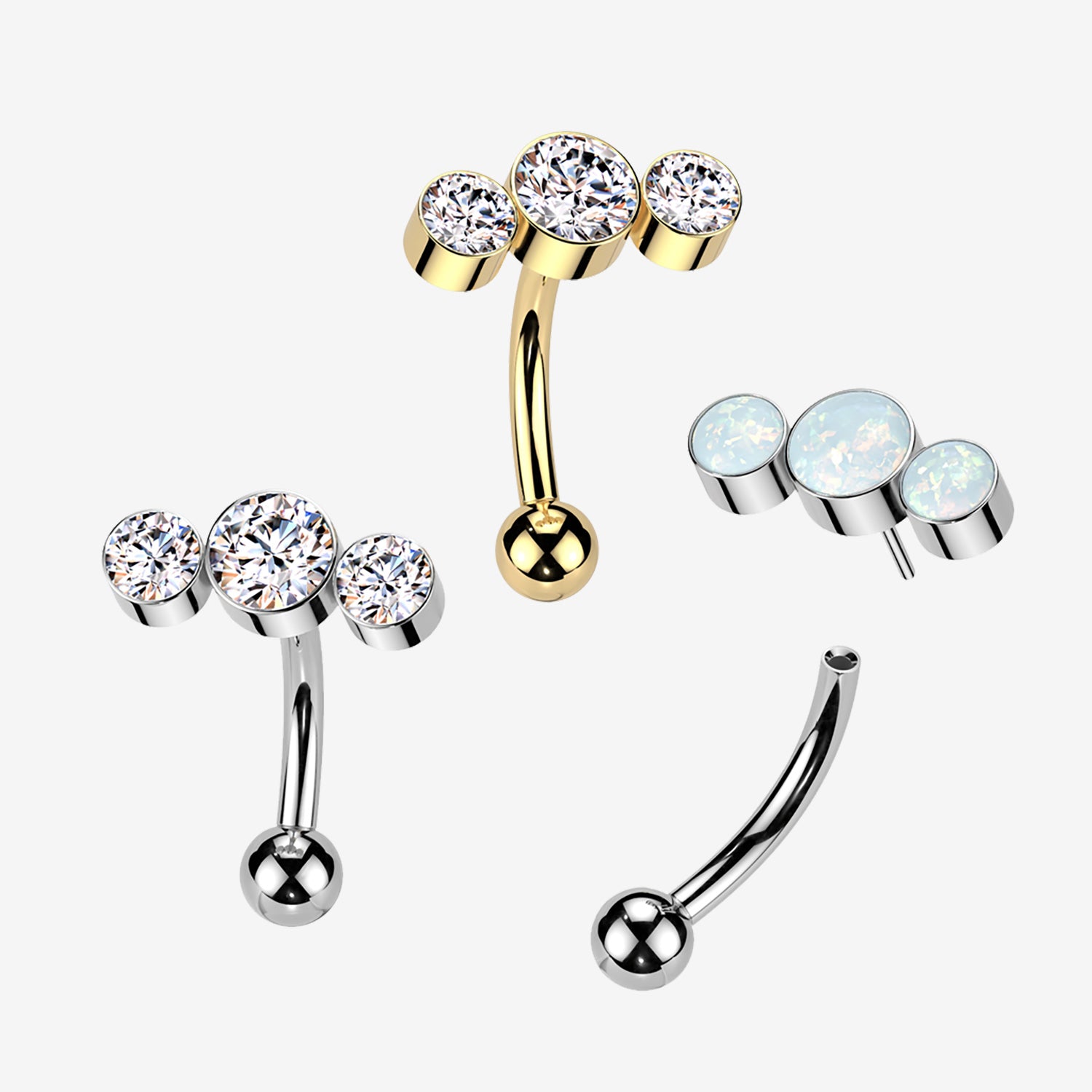 Detail View 1 of Implant Grade Titanium OneFit Threadless Golden Bubble Trio Sparkle Top Curved Barbell-Clear Gem