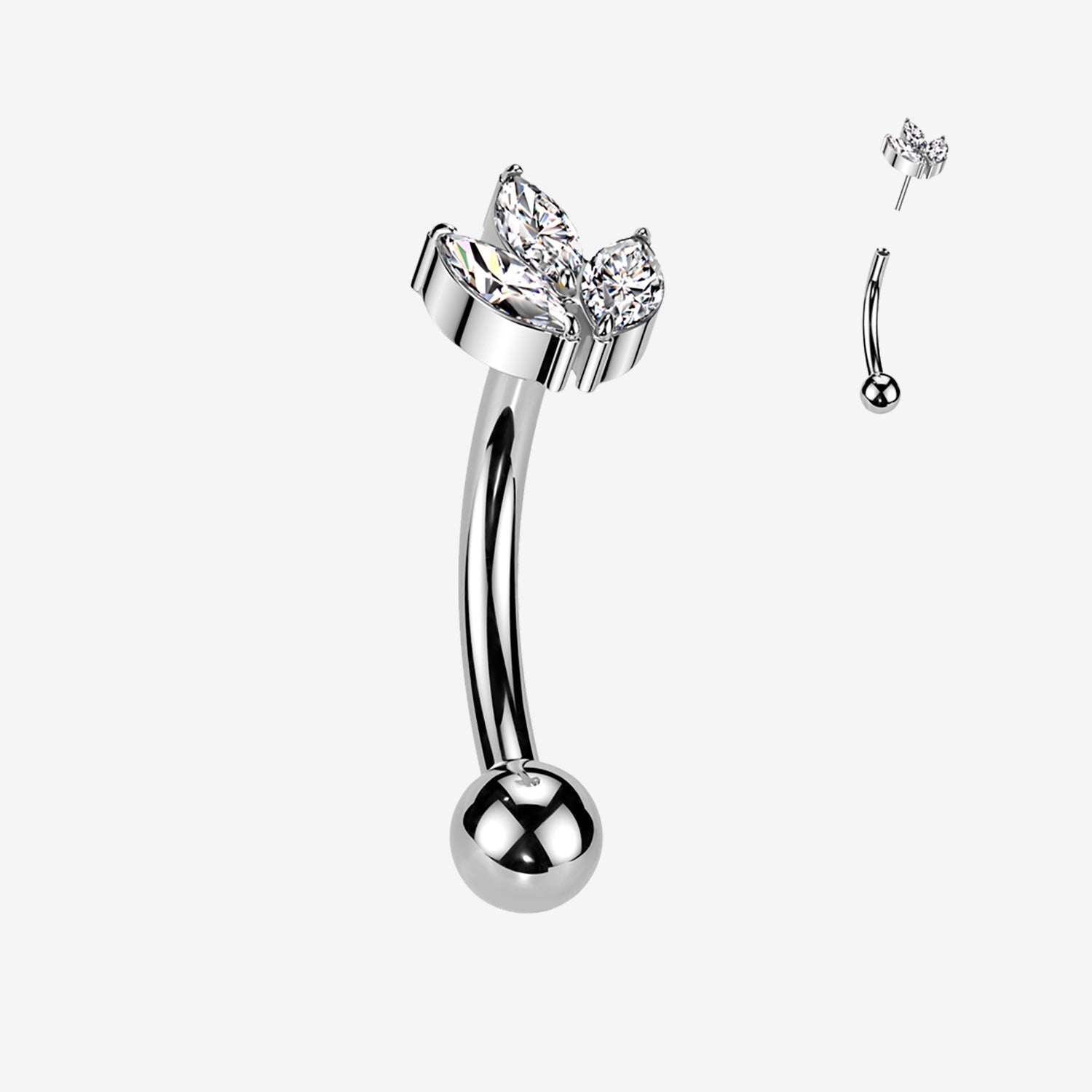 Implant Grade Titanium OneFit Threadless Marquise Flower Sparkle Top Curved Barbell-Clear Gem