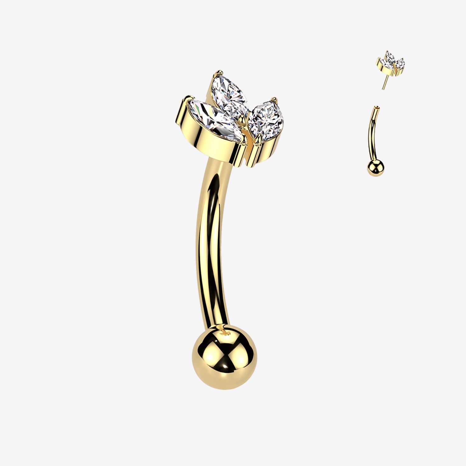 Implant Grade Titanium OneFit Threadless Golden Marquise Flower Sparkle Top Curved Barbell-Clear Gem