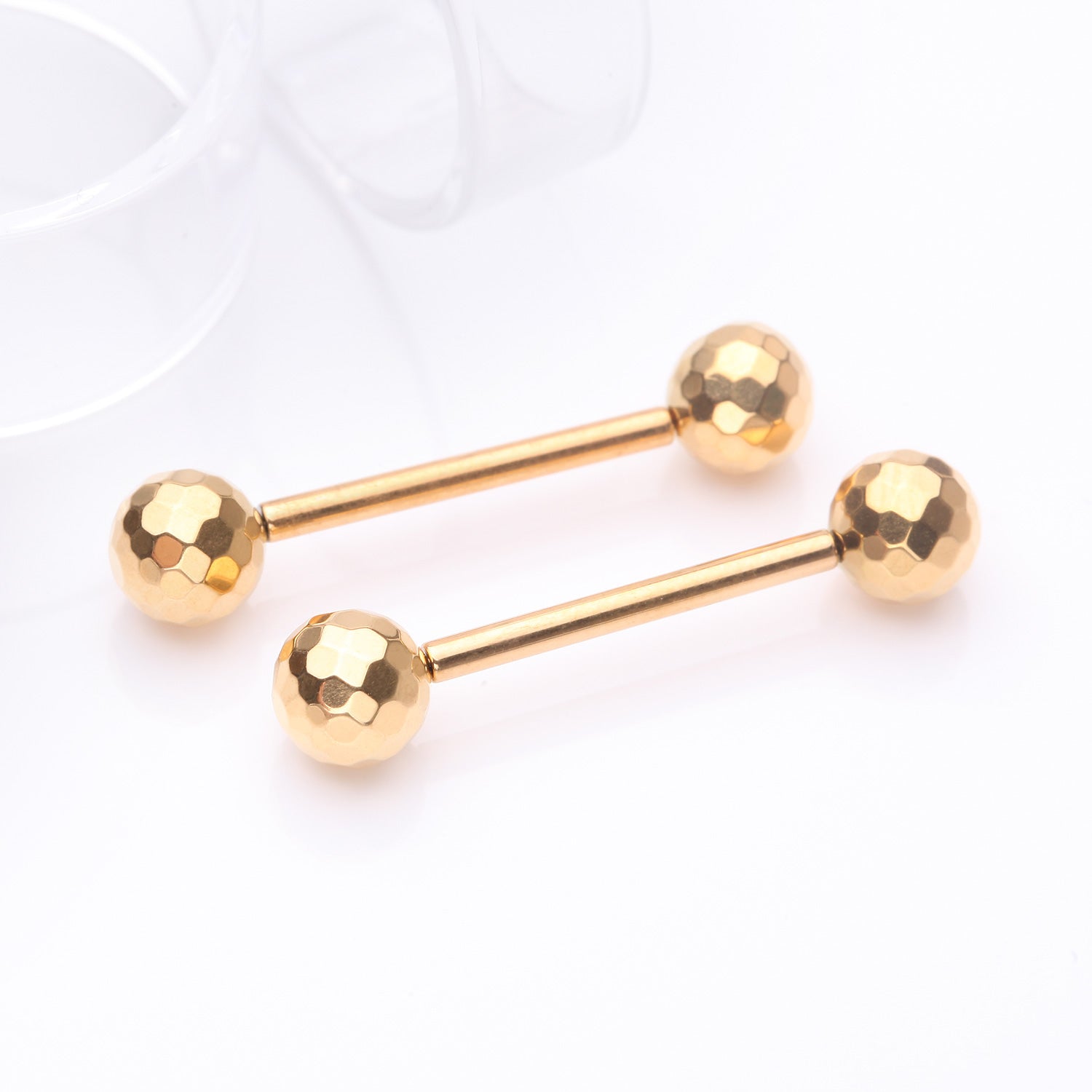 Detail View 1 of A Pair of Implant Grade Titanium Golden Multi-Faceted OneFit Threadless Nipple Barbell