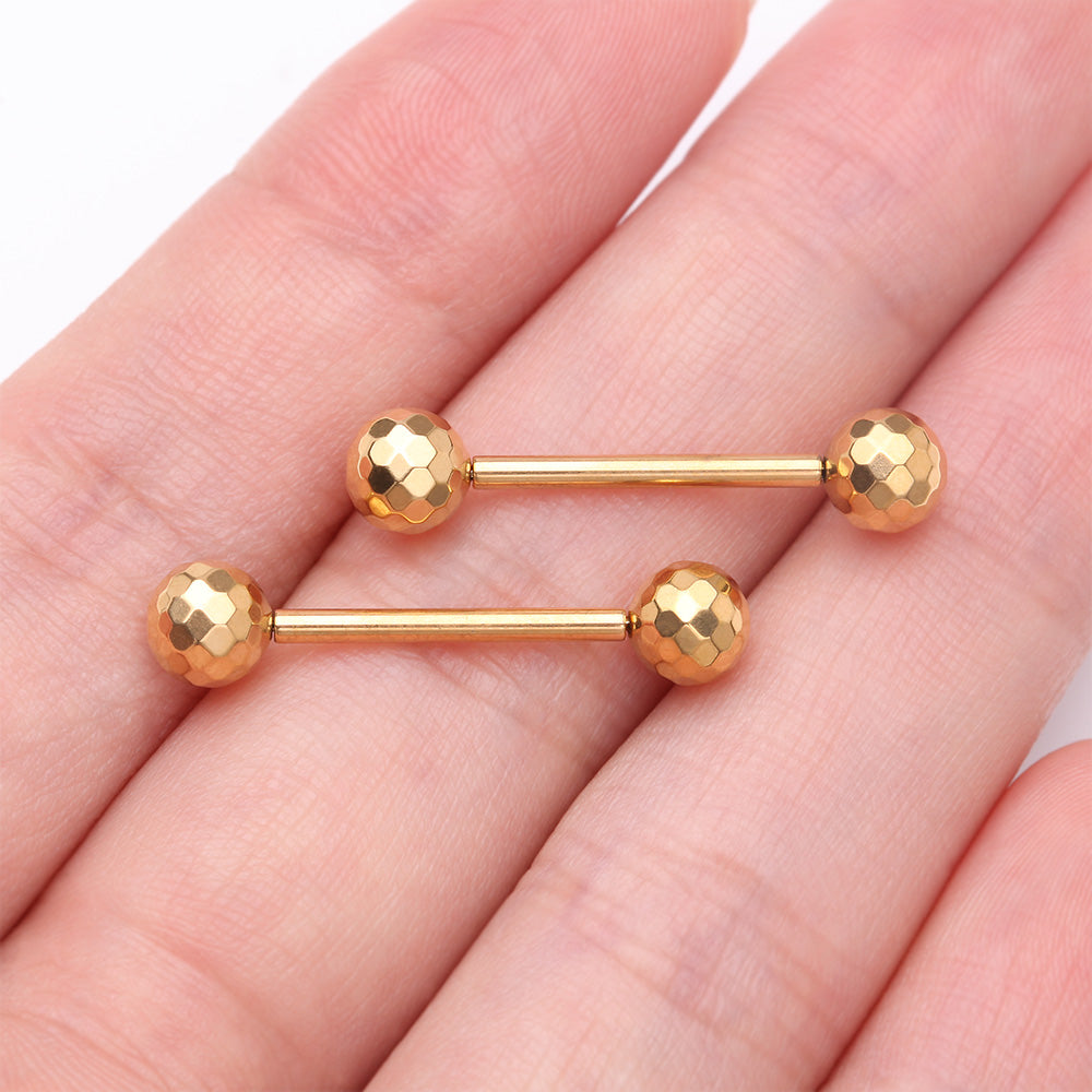 Detail View 2 of A Pair of Implant Grade Titanium Golden Multi-Faceted OneFit Threadless Nipple Barbell