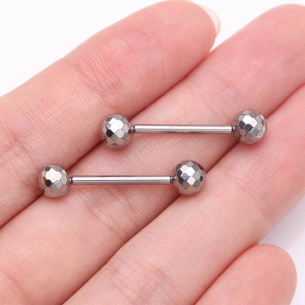 Detail View 2 of A Pair of Implant Grade Titanium Multi-Faceted OneFit Threadless Nipple Barbell